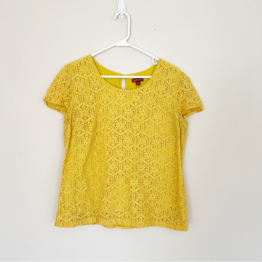 Yellow Lace Pointelle Short-Sleeve Top Large Cotton Lined Buttery Yellow